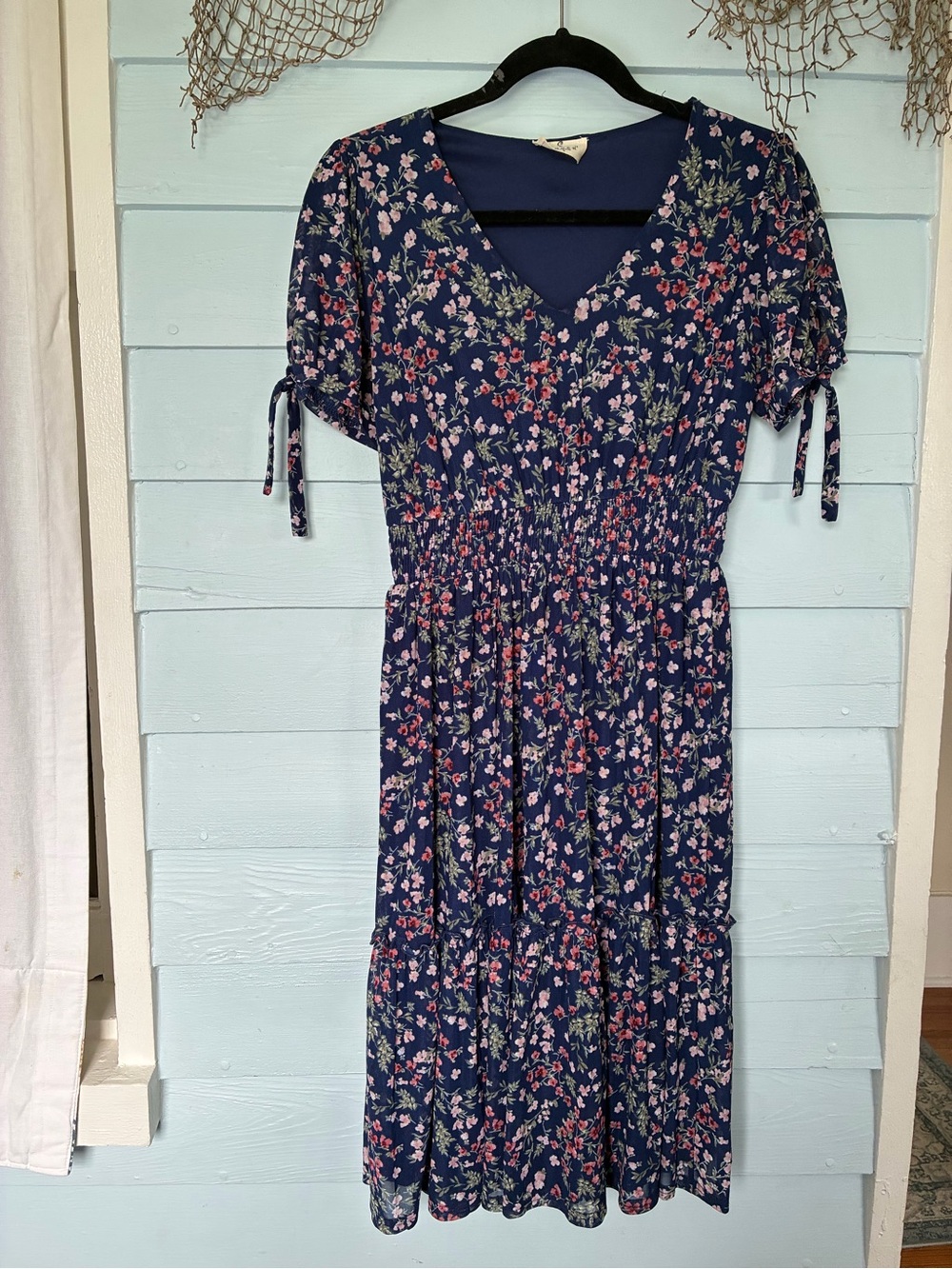Smocked Navy Floral Midi Dress with Tie Sleeves